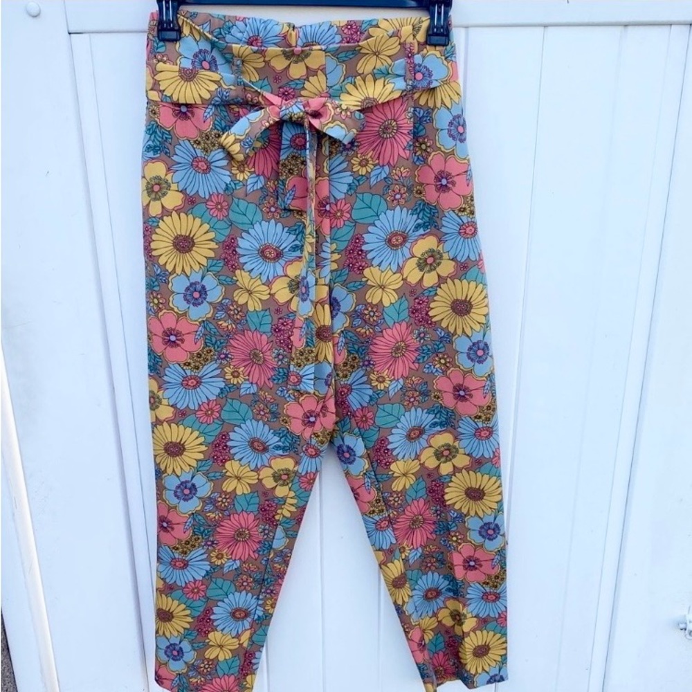 Flower Power Floral High-Waisted Straight Leg Pants with Tie Belt